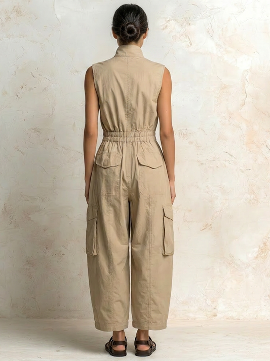 Ursula Utility Cargo Jumpsuit in beige, back view showing the elasticated waist