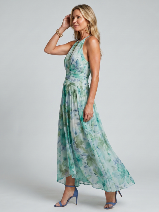 Addison | Pleated Halter Floral Midi Dress