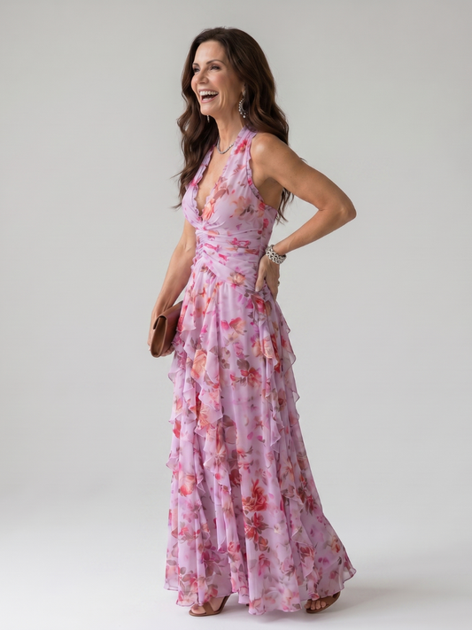 Calyx | Halter Neck Ruched Bodice Floral Maxi Dress