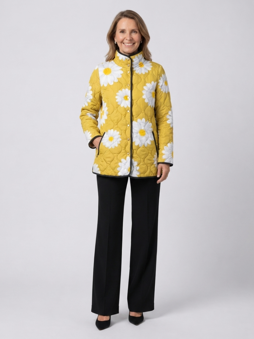 Woman wearing the Clementine quilted daisy jacket open over an ivory top with black trousers