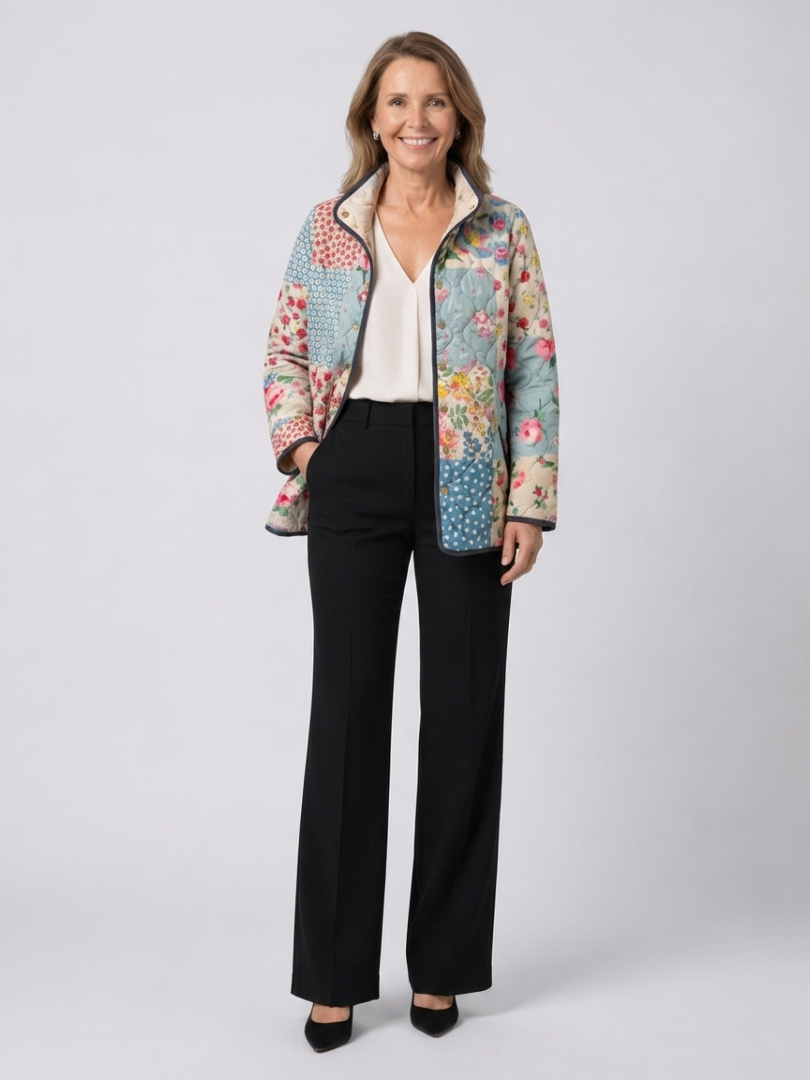 Woman wearing the Genevieve quilted floral patchwork jacket open over an ivory top with black trousers