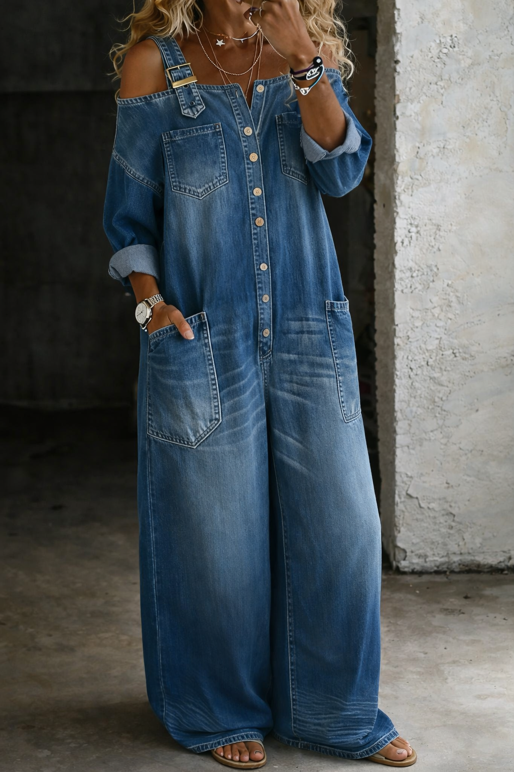 Serena | Off Shoulder Denim Shirt Jumpsuit