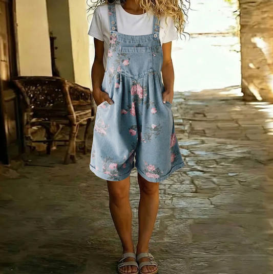 Amber | Vintage Washed Soft Cotton Feel Denim Floral Jumpsuit