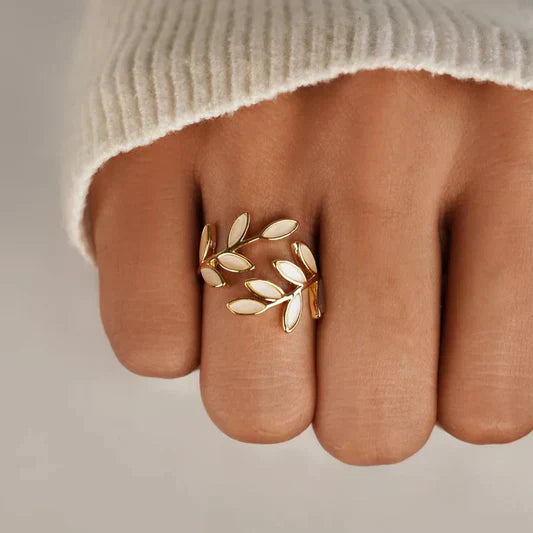 White Opal Leaf Adjustable Ring