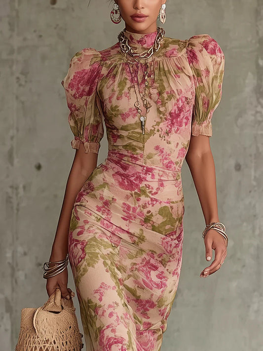 Autumn™ | Vintage Rose Print Puff Sleeve Maxi Dress