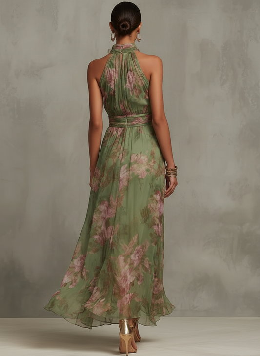 Kennedy™ | Green Floral Chiffon Halter Maxi Dress