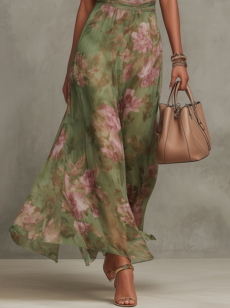 Kennedy™ | Green Floral Chiffon Halter Maxi Dress