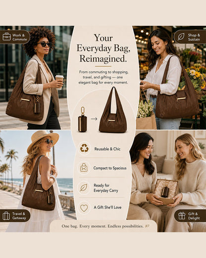 Woman wearing the Varelli vegan leather tote bag in an everyday city setting