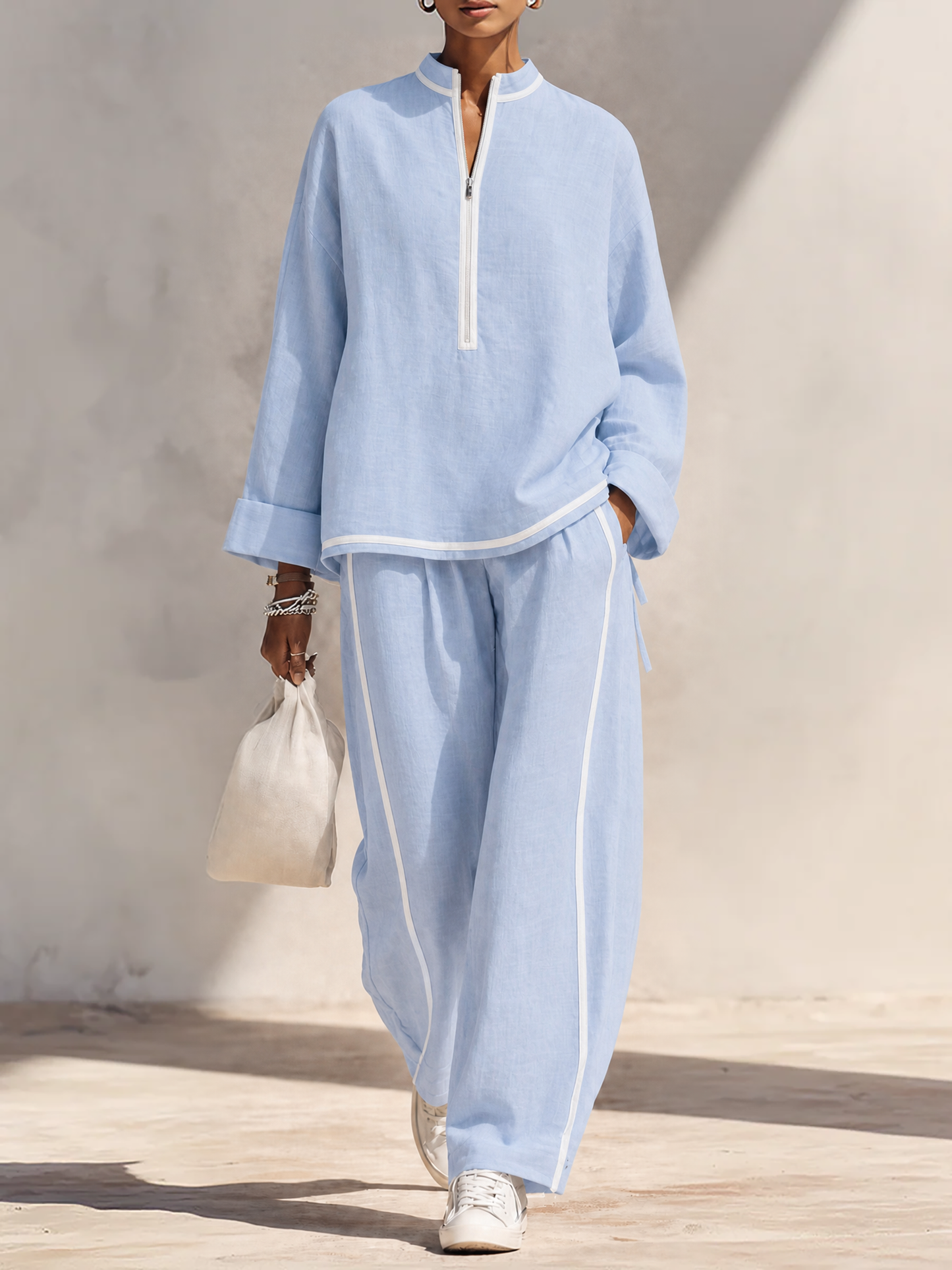 Light blue linen blend half-zip top and wide-leg pants set, full look
