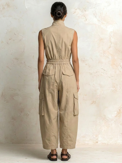 Ursula Utility Cargo Jumpsuit in beige, back view showing the elasticated waist