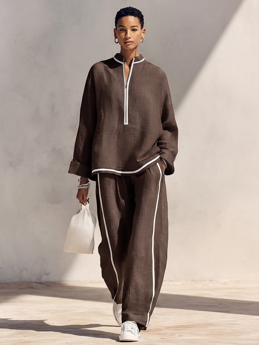 Brown linen blend half-zip top and wide-leg pants set, full look