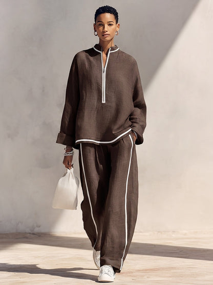 Brown linen blend half-zip top and wide-leg pants set, full look