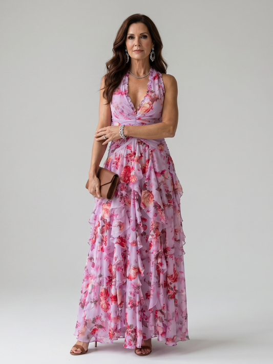 Calyx | Halter Neck Ruched Bodice Floral Maxi Dress