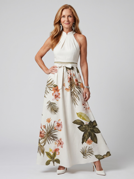 Sorveil | Draped Halter Botanical Panel Maxi Dress
