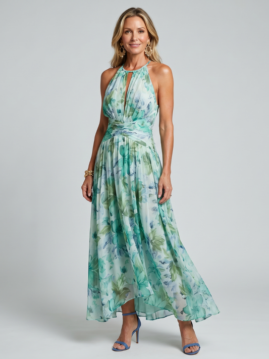 Addison | Pleated Halter Floral Midi Dress