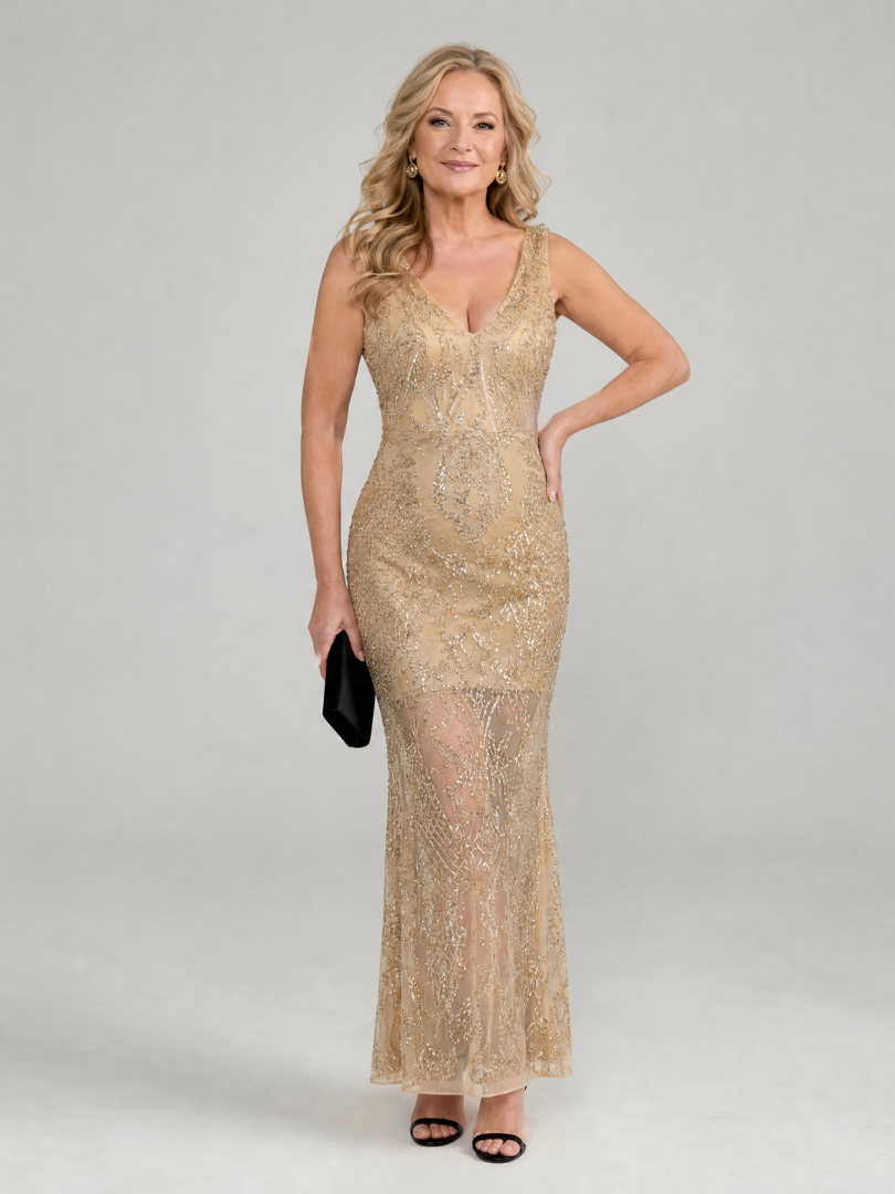 Wynova | Sequin Sleeveless Sheer Panel Midi Dress