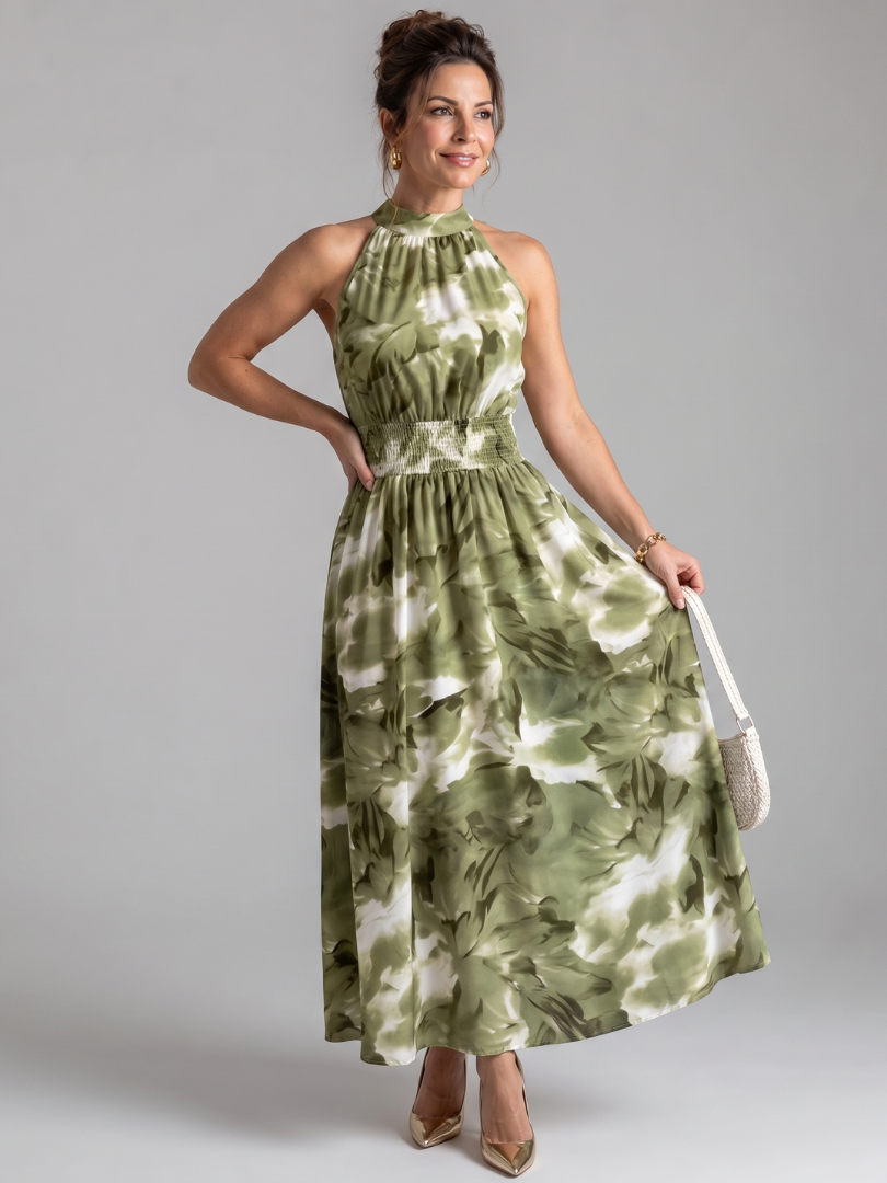 Brinae | Gathered Waist Abstract Print Midi Dress