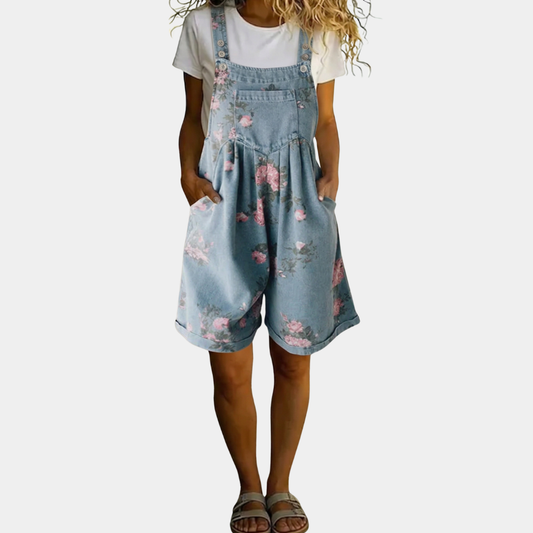 Amber | Vintage Washed Soft Cotton Feel Denim Floral Jumpsuit