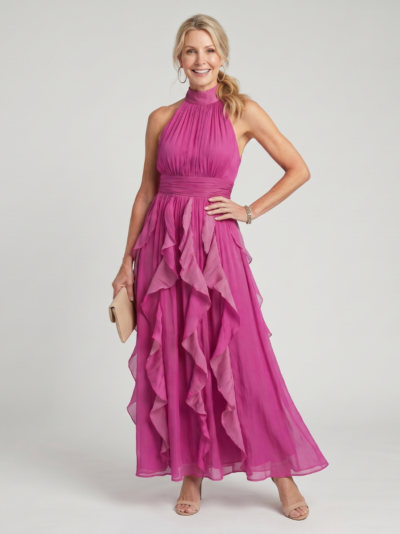 Lethine | High Neck Gathered Ruffle Layers Maxi Dress