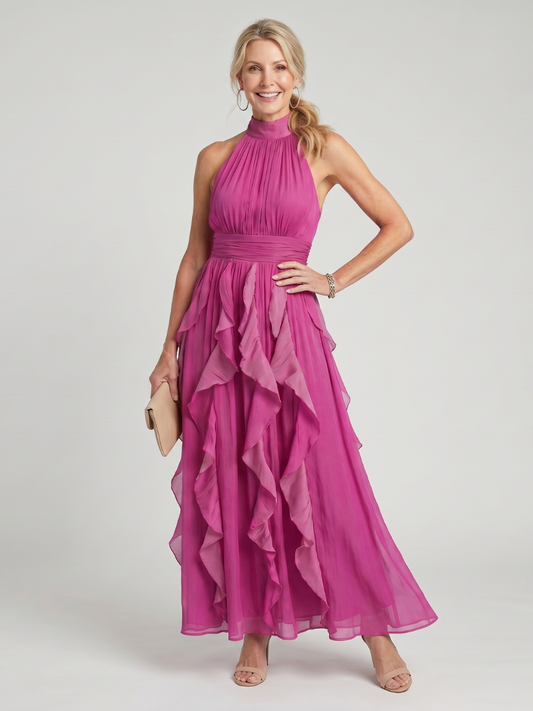 Lethine | High Neck Gathered Ruffle Layers Maxi Dress