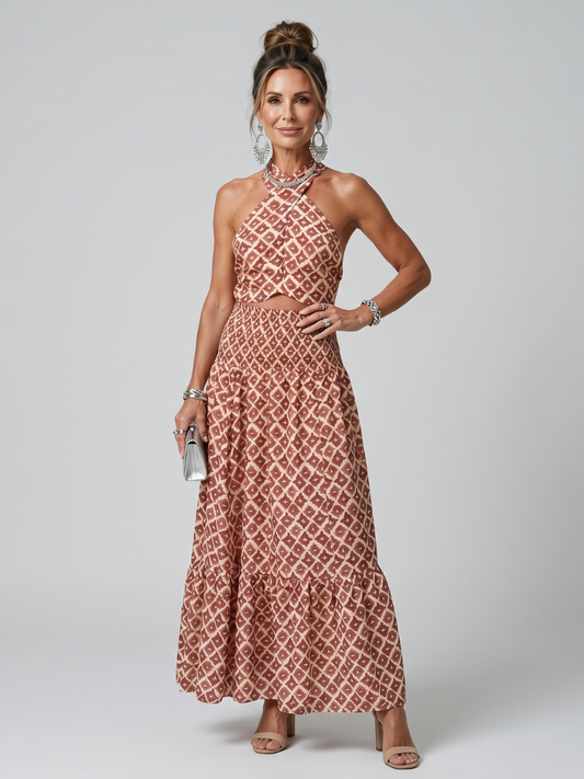 Oriya | Cross Halter Geometric Print Cutout Midi Dress
