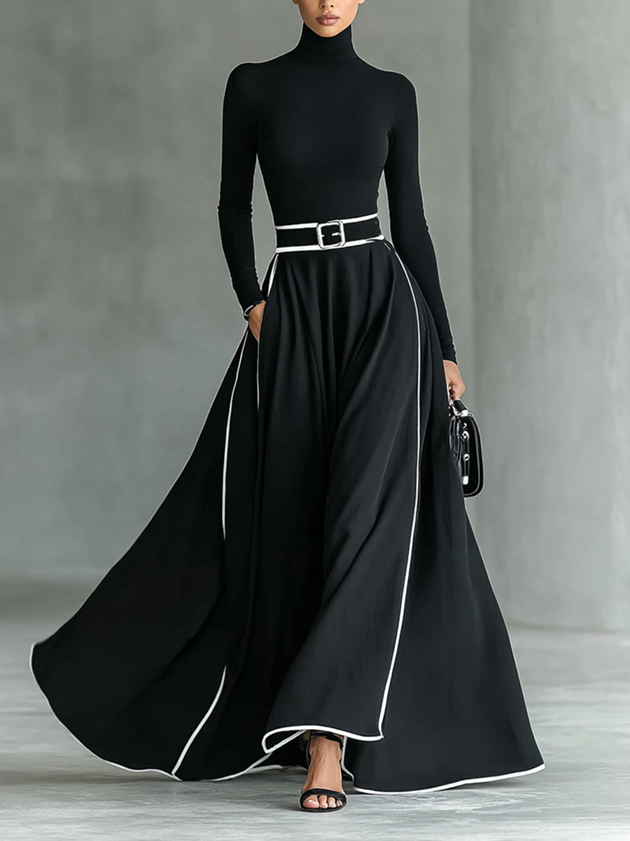 Odette black contrast-piped turtleneck maxi dress with white belt, front view