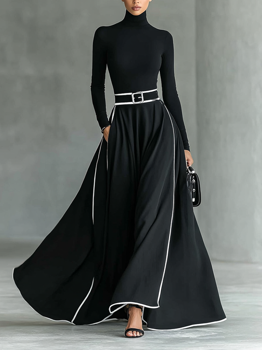 Odette black contrast-piped turtleneck maxi dress with white belt, front view