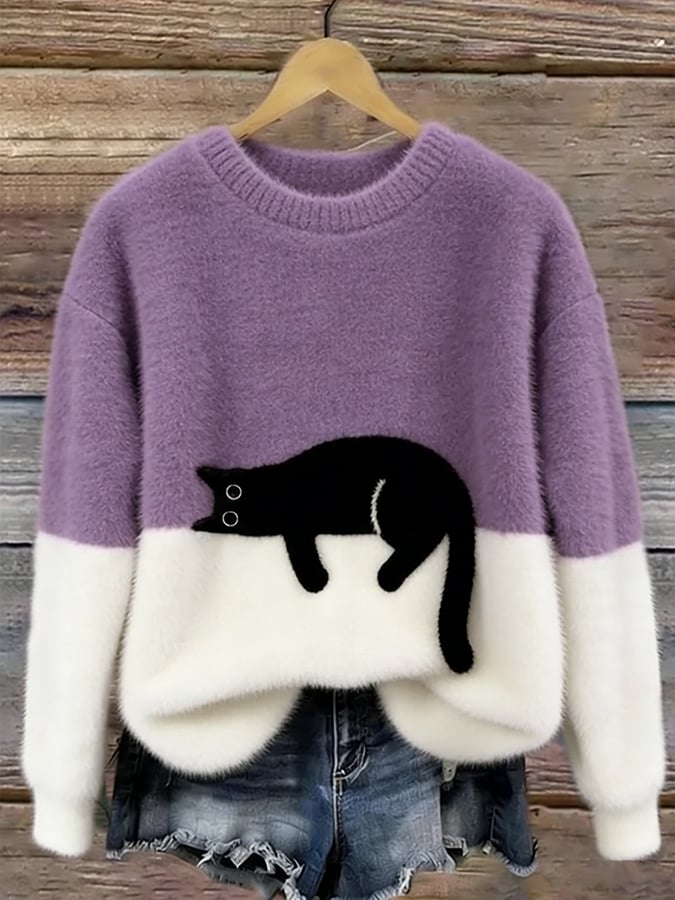 Bonnie cat print oversized sweater in lavender with a sleeping cat across the cream color-block front