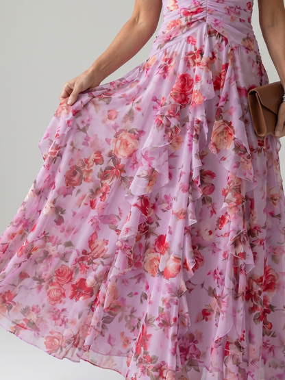 Calyx | Halter Neck Ruched Bodice Floral Maxi Dress