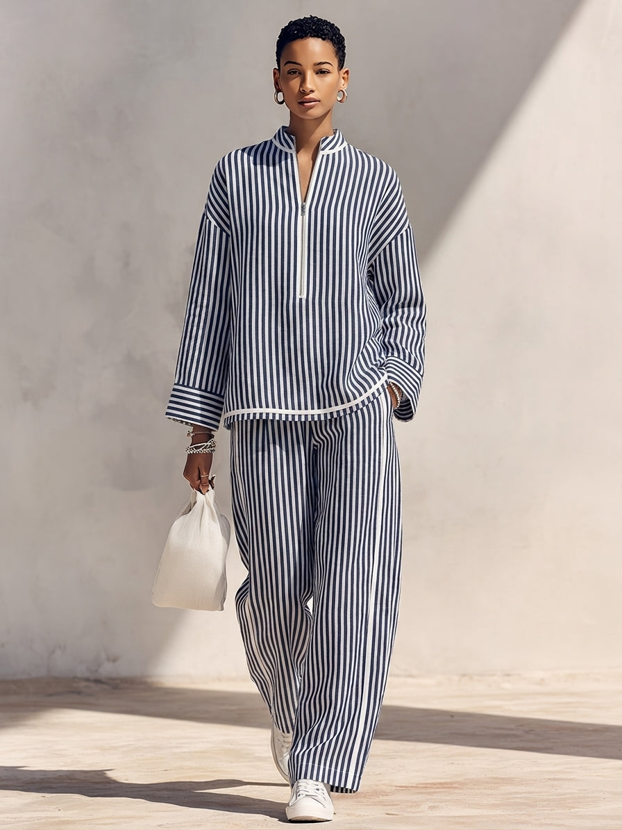 Navy and white striped linen half-zip top and wide-leg pants set, full look