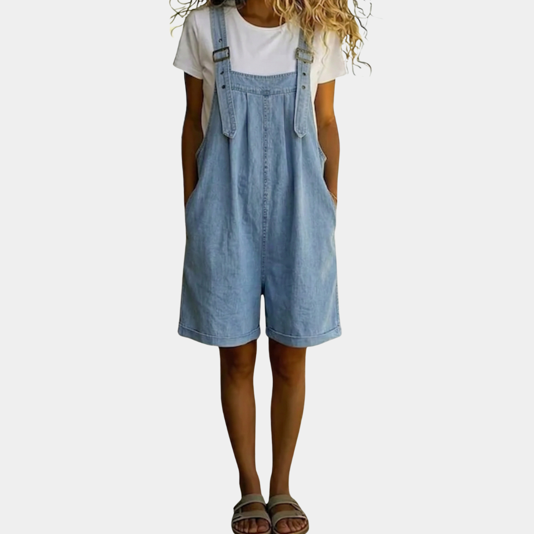 Freya | Vintage Washed Soft Cotton Feel Denim Short Overall Light blue