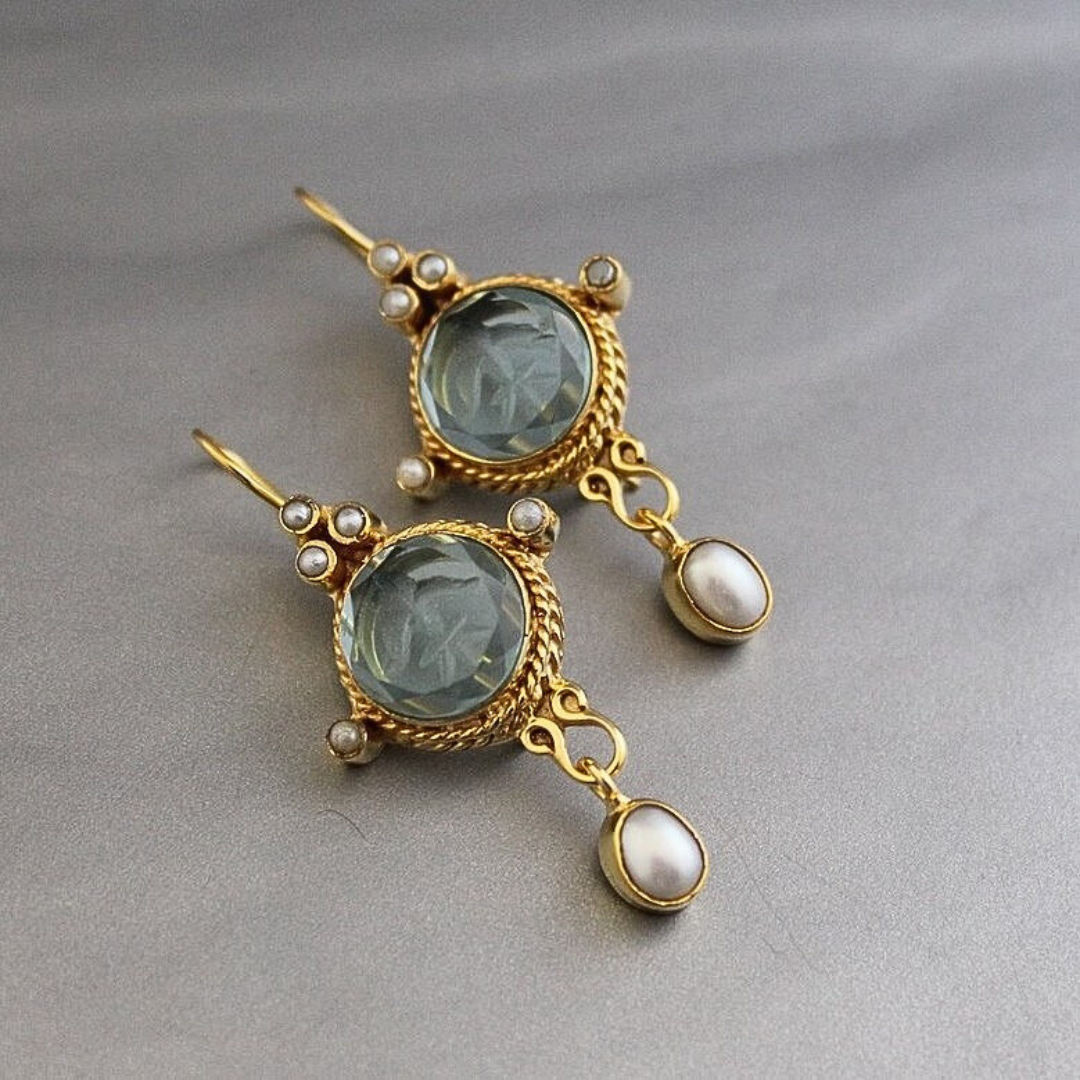 Vintage Green Stone Pearl Drops