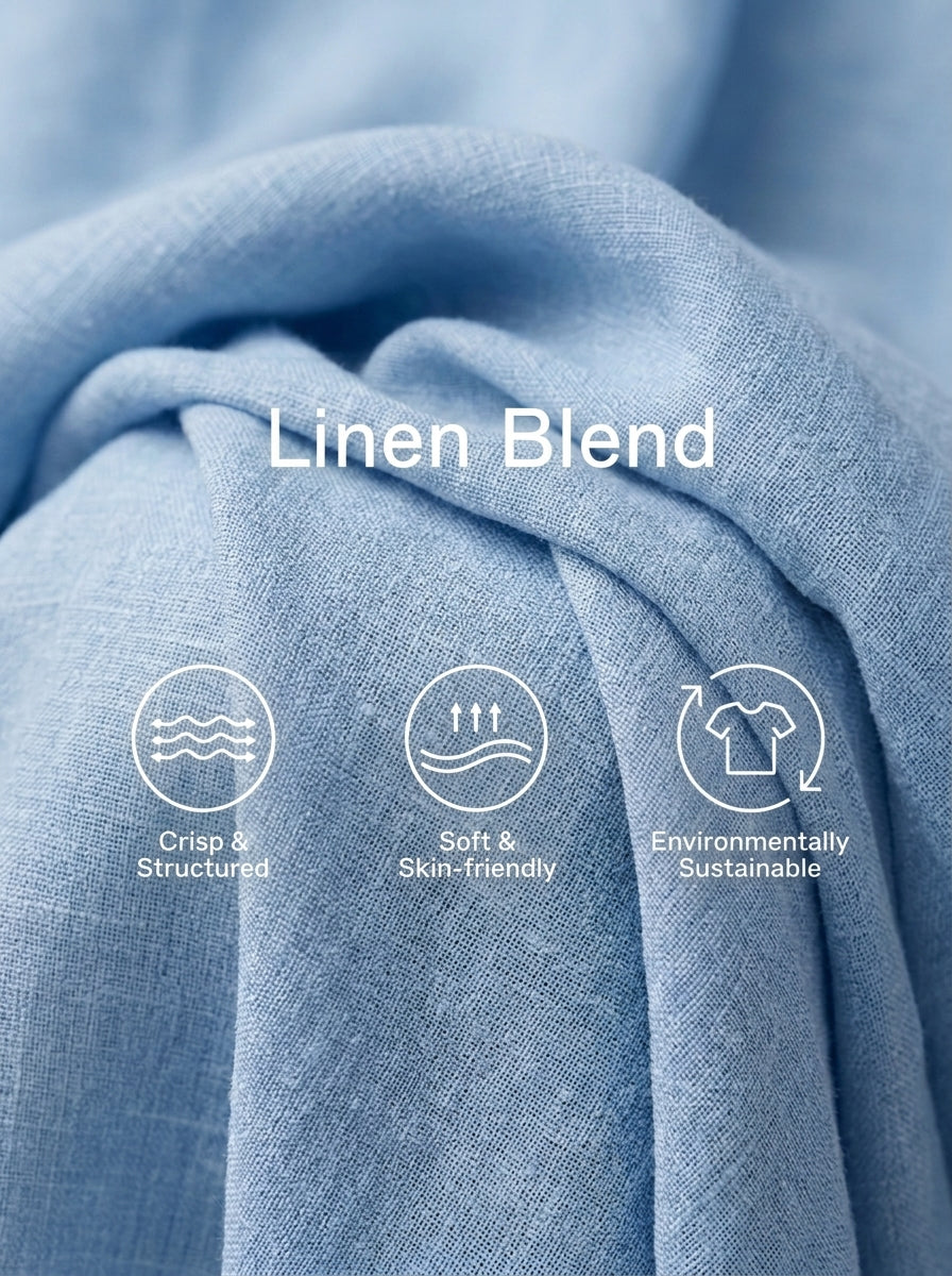 Linen blend fabric close-up: crisp and structured, soft and skin-friendly, environmentally sustainable