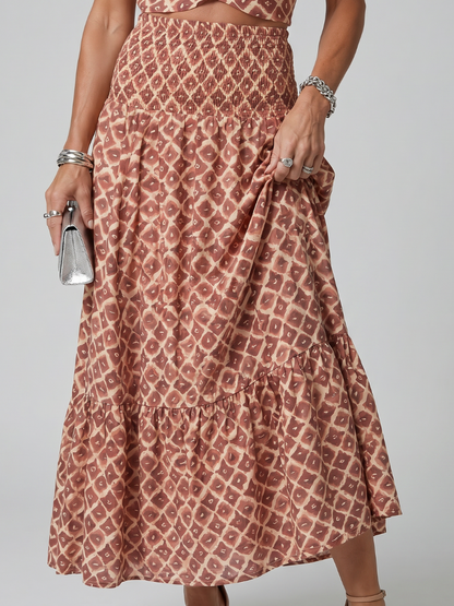 Oriya | Cross Halter Geometric Print Cutout Midi Dress