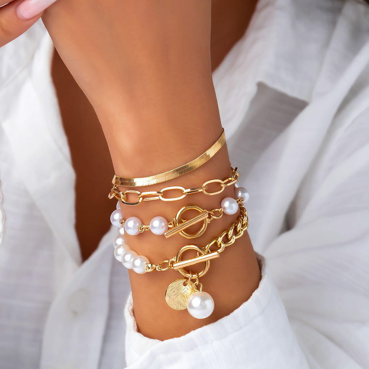 Golden Pearl Stack Bracelet