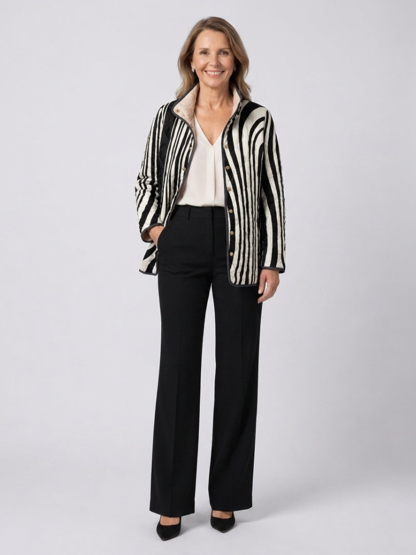 Woman wearing the Philippa quilted graphic zebra jacket open over an ivory top with black trousers