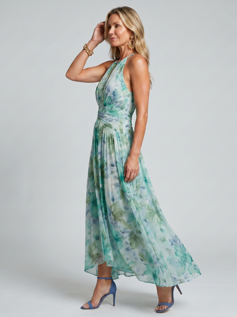 Addison | Pleated Halter Floral Midi Dress