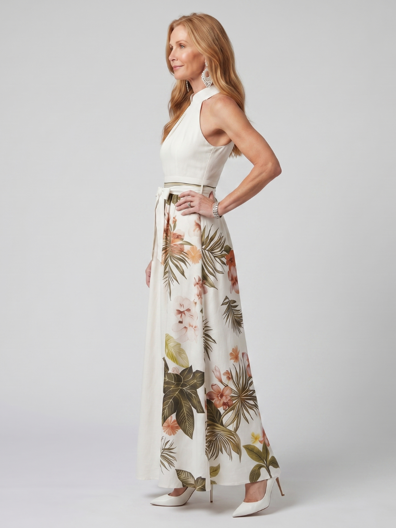 Sorveil | Draped Halter Botanical Panel Maxi Dress