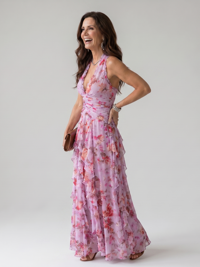 Calyx | Halter Neck Ruched Bodice Floral Maxi Dress