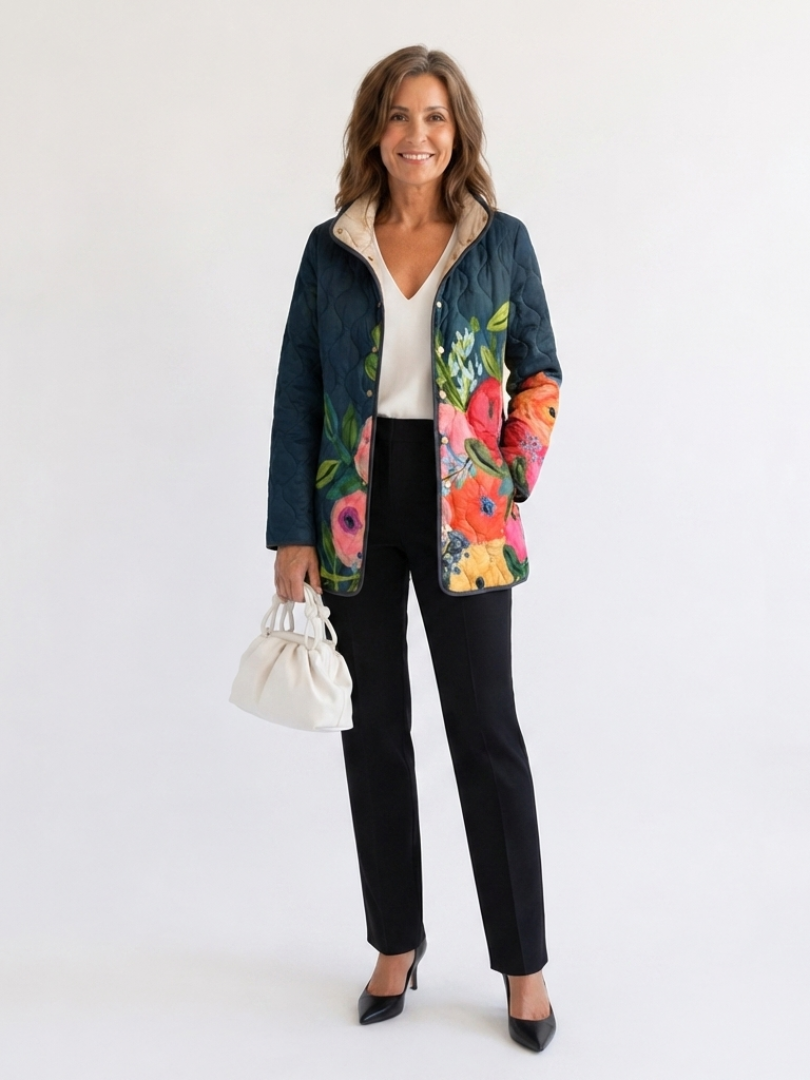 Woman wearing the Evangeline quilted painted floral jacket open over an ivory top with black trousers