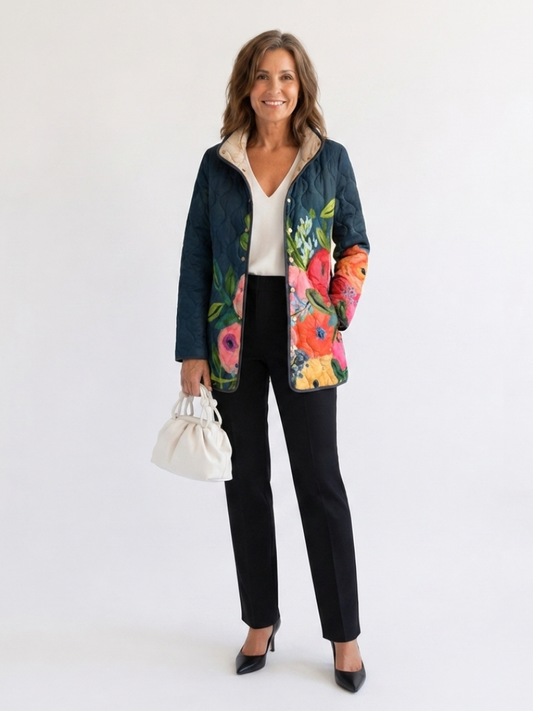 Woman wearing the Evangeline quilted painted floral jacket open over an ivory top with black trousers