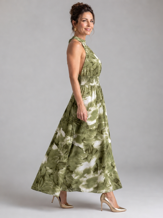 Brinae | Gathered Waist Abstract Print Midi Dress