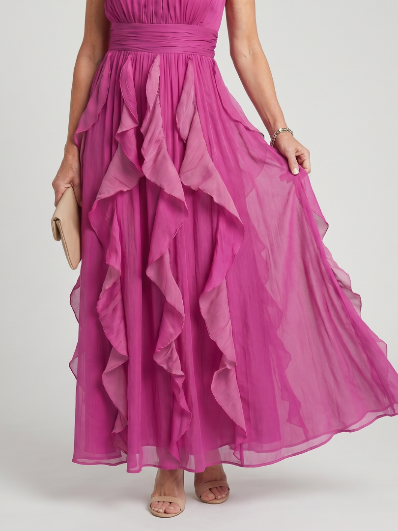 Lethine | High Neck Gathered Ruffle Layers Maxi Dress