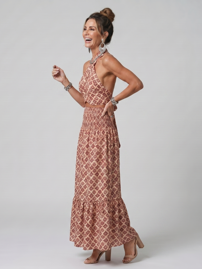 Oriya | Cross Halter Geometric Print Cutout Midi Dress