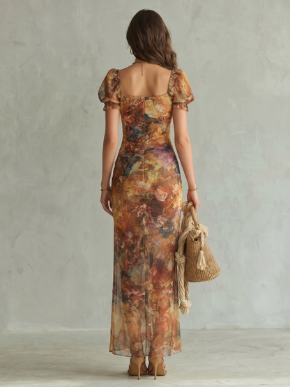 Tavita | Ruffled Sleeve Ruched Slit Midi Dress