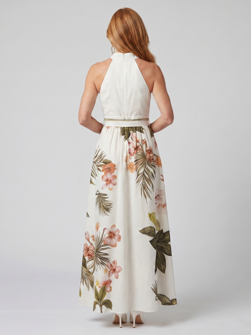 Sorveil | Draped Halter Botanical Panel Maxi Dress