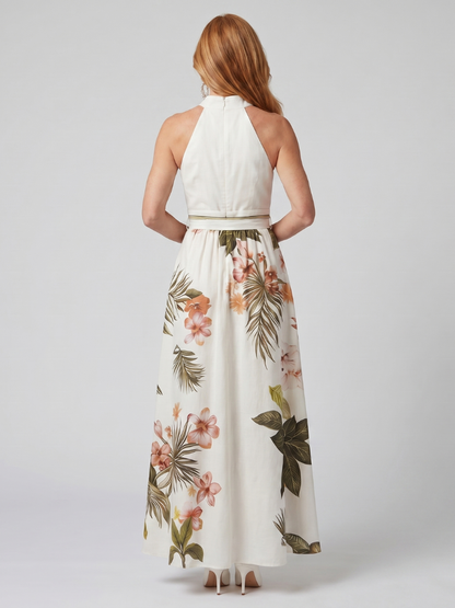 Sorveil | Draped Halter Botanical Panel Maxi Dress