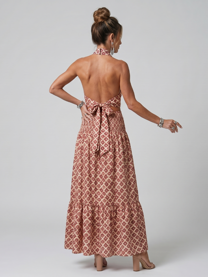 Oriya | Cross Halter Geometric Print Cutout Midi Dress