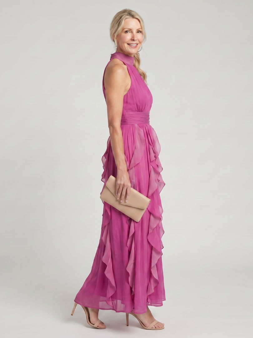 Lethine | High Neck Gathered Ruffle Layers Maxi Dress