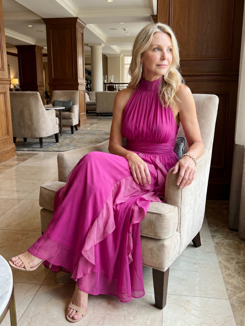 Lethine | High Neck Gathered Ruffle Layers Maxi Dress
